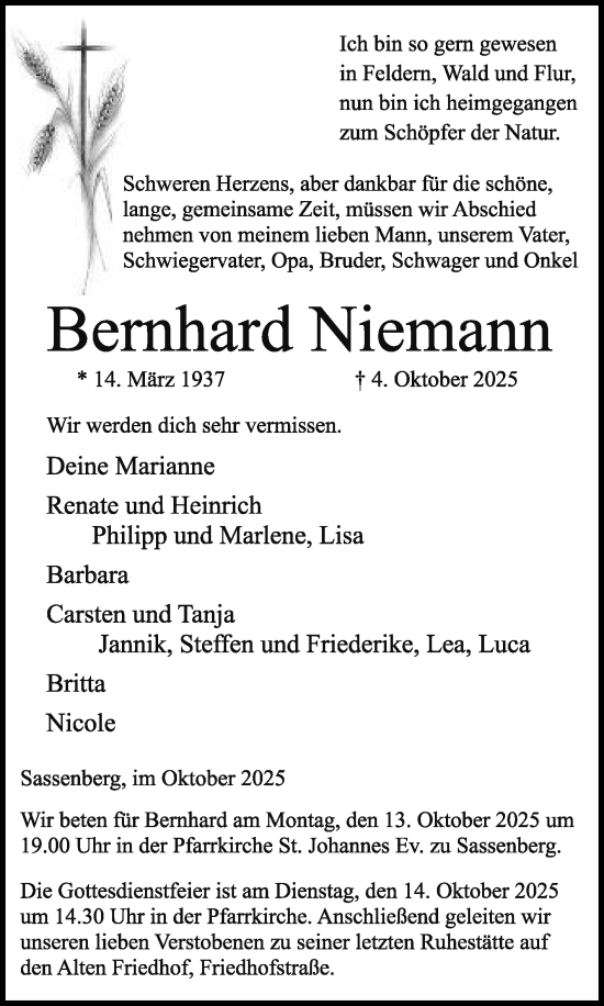 Traueranzeige von Bernhard Niemann von Die Glocke