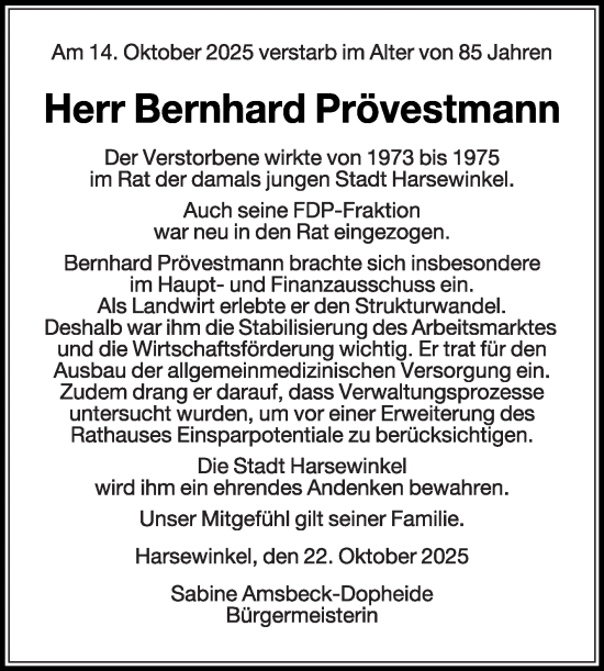 Traueranzeige von Bernhard Prövestmann von Die Glocke