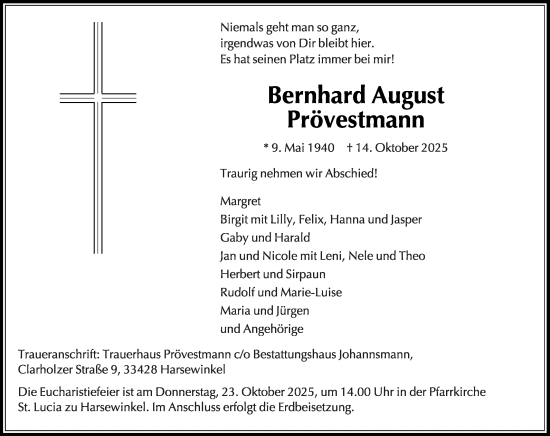 Traueranzeige von Bernhard August Prövestmann von Die Glocke