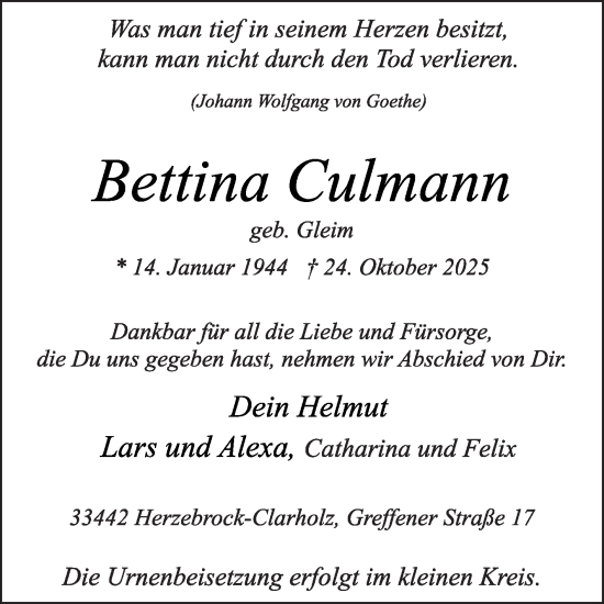 Traueranzeige von Bettina Culmann von Die Glocke