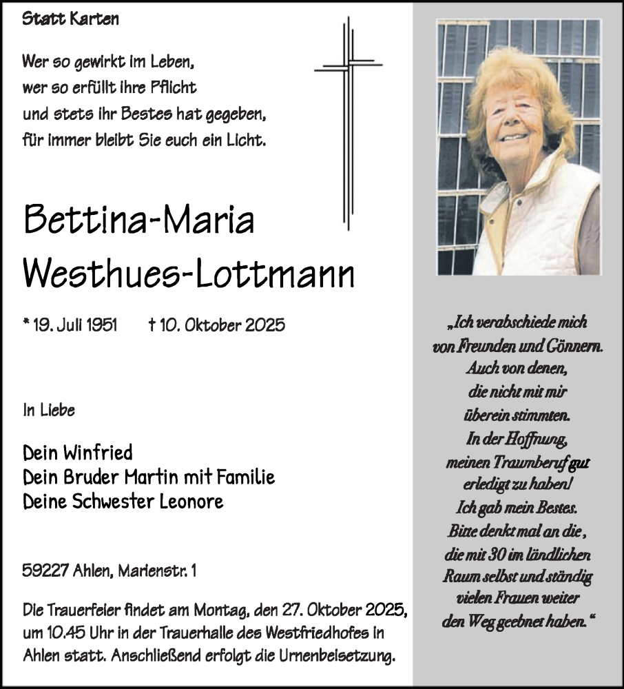  Traueranzeige für Bettina-Maria Westhues-Lottmann vom 22.10.2025 aus Die Glocke