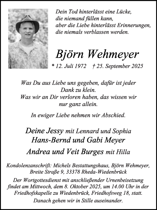 Traueranzeige von Björn Wehmeyer von Die Glocke