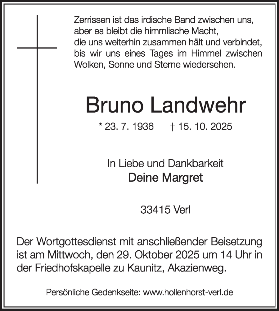  Traueranzeige für Bruno Landwehr vom 22.10.2025 aus Die Glocke