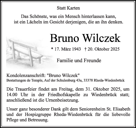 Traueranzeige von Bruno Wilczek von Die Glocke