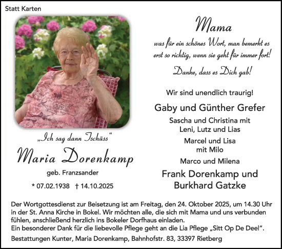 Traueranzeige von Maria  Dorenkamp von Die Glocke