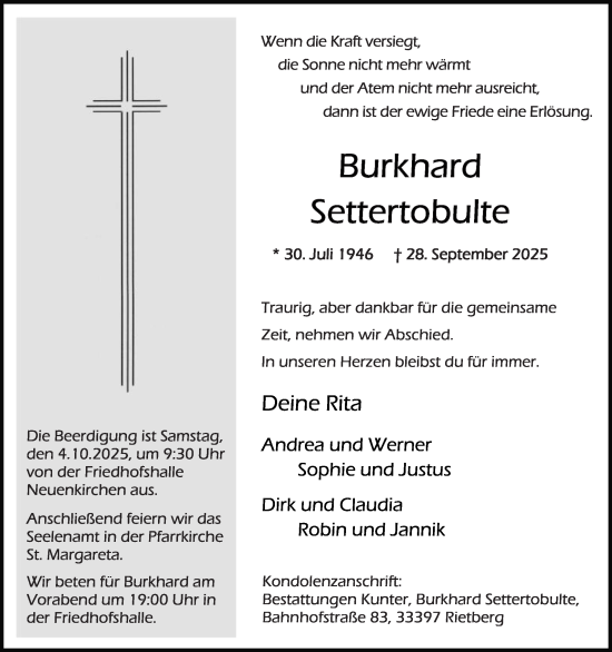 Traueranzeige von Burkhard Settertobulte von Die Glocke