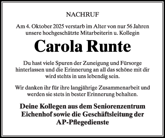 Traueranzeige von Carola Runte von Die Glocke