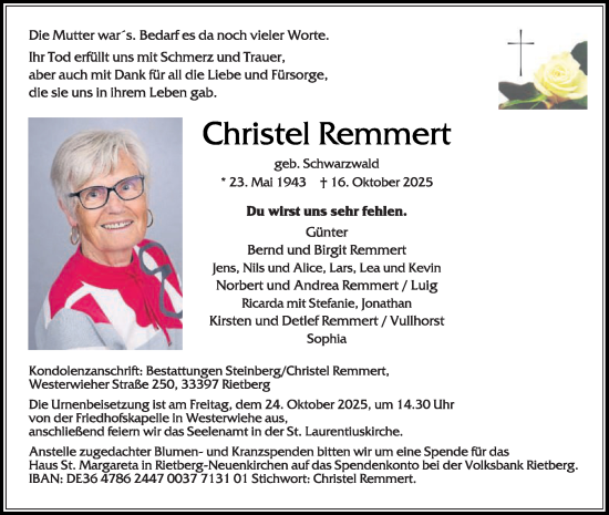Traueranzeige von Christel Remmert von Die Glocke