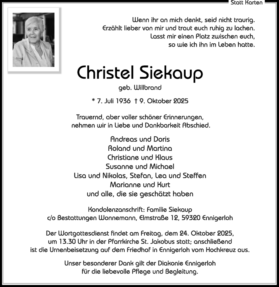  Traueranzeige für Christel Siekaup vom 18.10.2025 aus Die Glocke