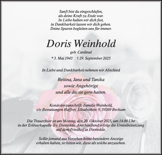 Traueranzeige von Doris Weinhold von Die Glocke