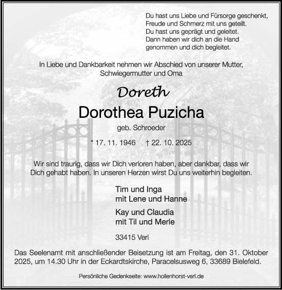 Traueranzeige von Dorothea Puzicha von Die Glocke