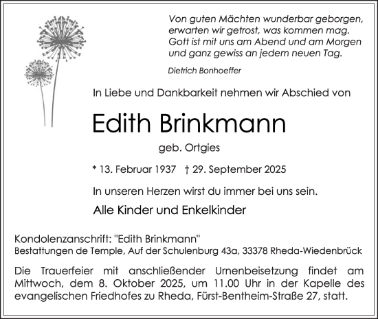 Traueranzeige von Edith Brinkmann von Die Glocke