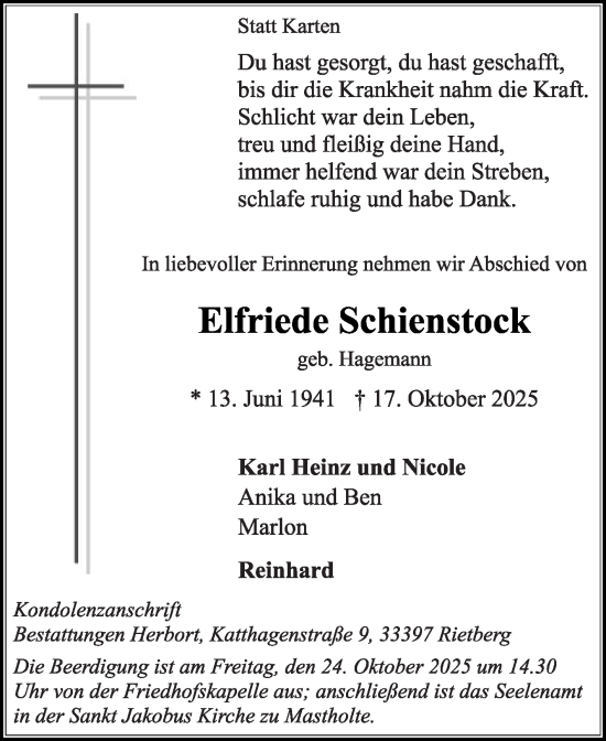 Traueranzeige von Elfriede Schienstock von Die Glocke