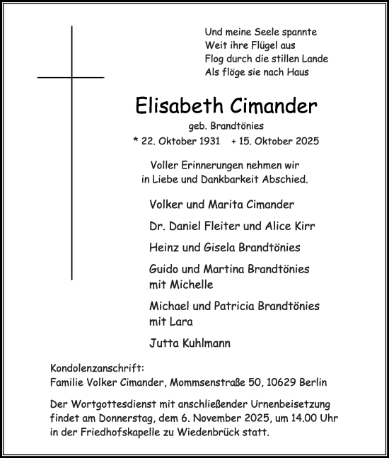 Traueranzeige von Elisabeth Cimander von Die Glocke