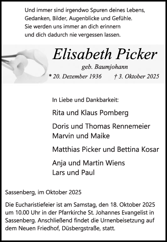 Traueranzeige von Elisabeth Picker von Die Glocke