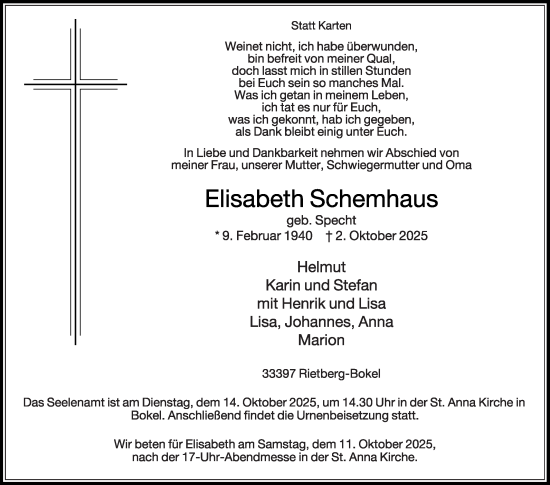 Traueranzeige von Elisabeth Schemhaus von Die Glocke