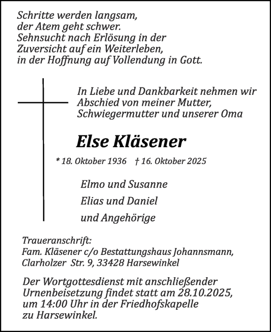 Traueranzeige von Else Kläsener von Die Glocke