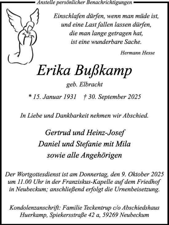 Traueranzeige von Erika Bußkamp von Die Glocke