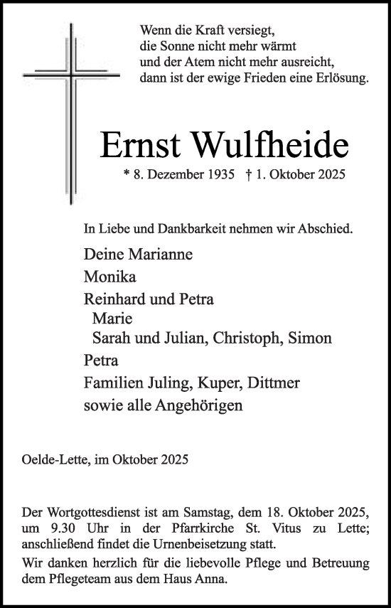 Traueranzeige von Ernst Wulfheide von Die Glocke
