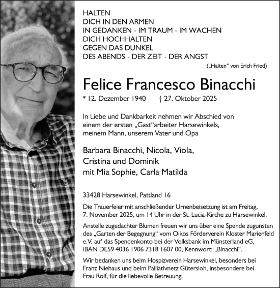 Traueranzeige von Felice Francesco Binacchi von Die Glocke