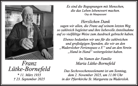 Traueranzeige von Franz Lütke-Bornefeld von Die Glocke
