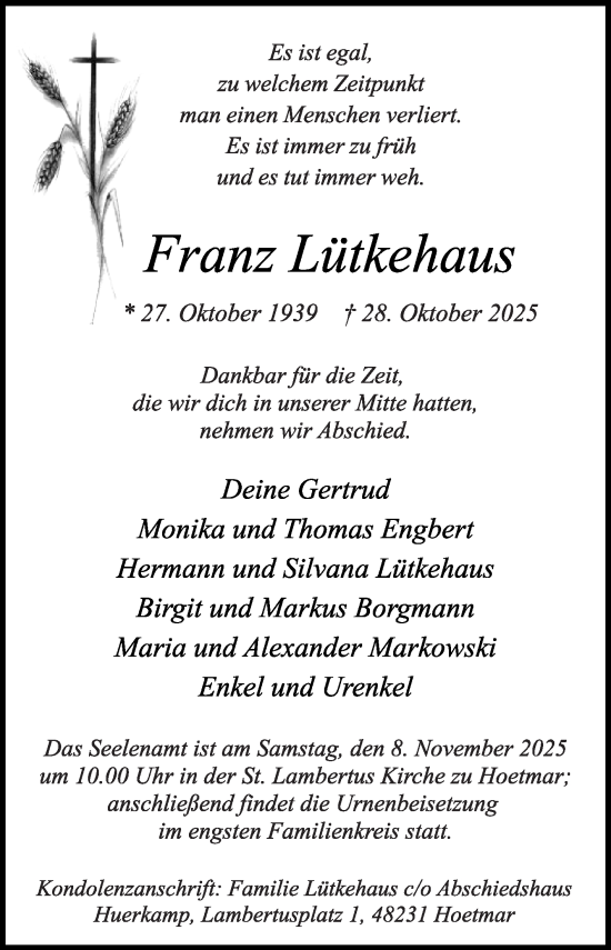 Traueranzeige von Franz Lütkehaus von Die Glocke