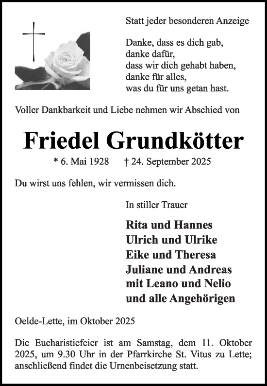 Traueranzeige von Friedel Grundkötter von Die Glocke