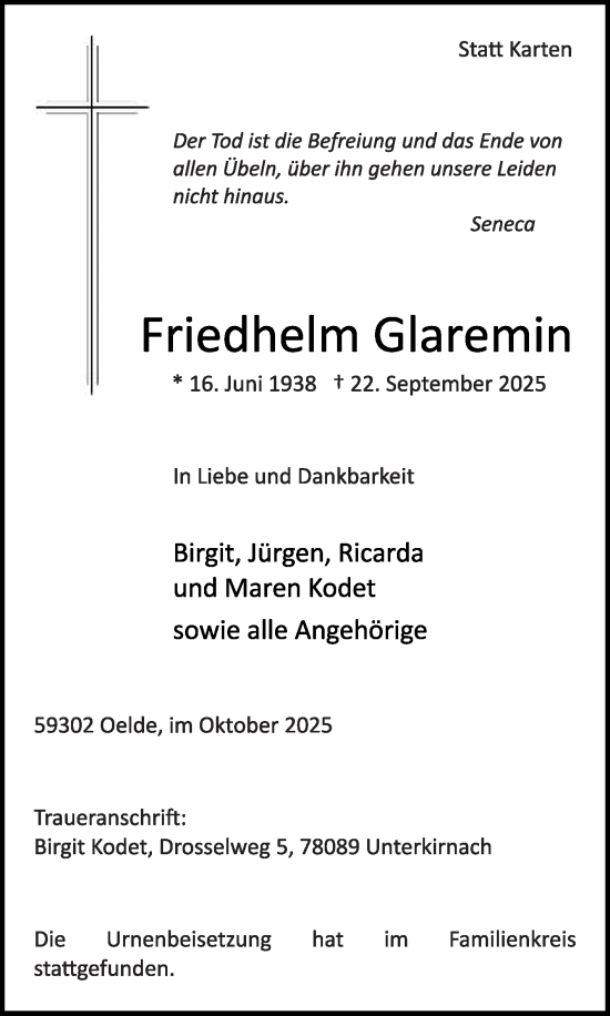 Traueranzeige von Friedhelm Glaremin von Die Glocke