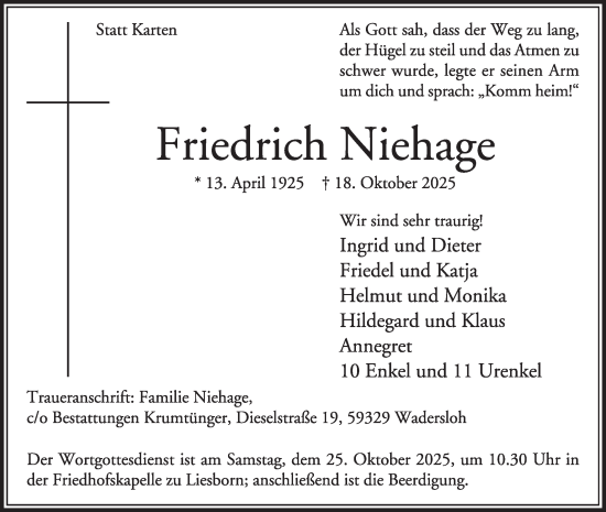 Traueranzeige von Friedrich Niehage von Die Glocke