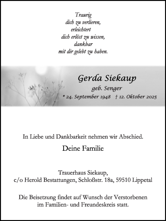 Traueranzeige von Gerda Siekaup von Die Glocke