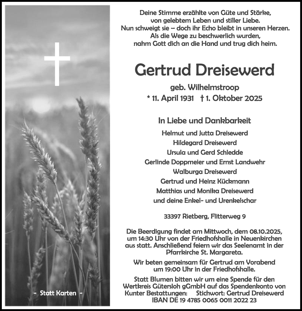  Traueranzeige für Gertrud Dreisewerd vom 04.10.2025 aus Die Glocke