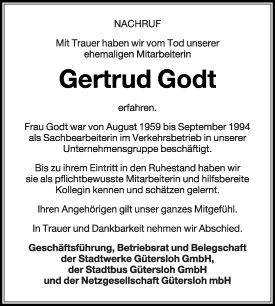 Traueranzeige von Gertrud Godt von Die Glocke