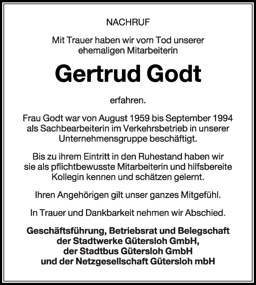  Traueranzeige für Gertrud Godt vom 31.10.2025 aus Die Glocke