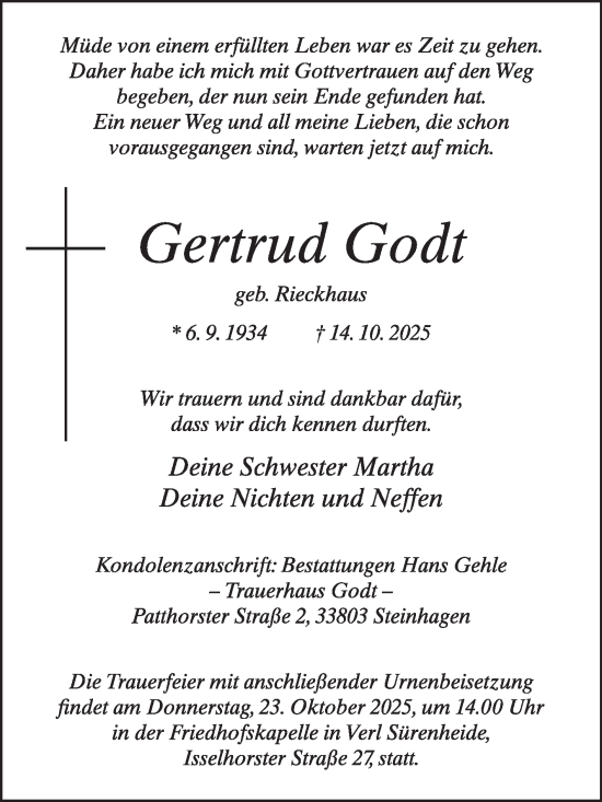 Traueranzeige von Gertrud Godt von Die Glocke