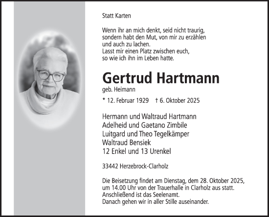 Traueranzeige von Gertrud Hartmann von Die Glocke