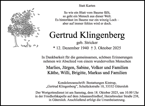 Traueranzeige von Gertrud Klingenberg von Die Glocke