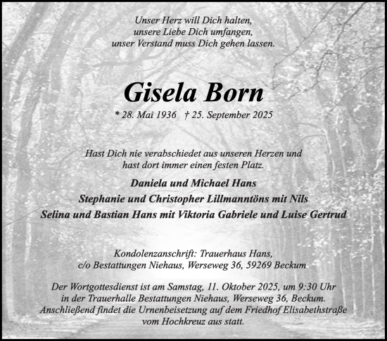 Traueranzeige von Gisela Born von Die Glocke