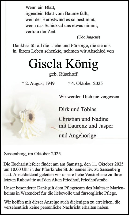 Traueranzeige von Gisela König von Die Glocke