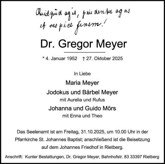 Traueranzeige von Gregor Meyer von Die Glocke