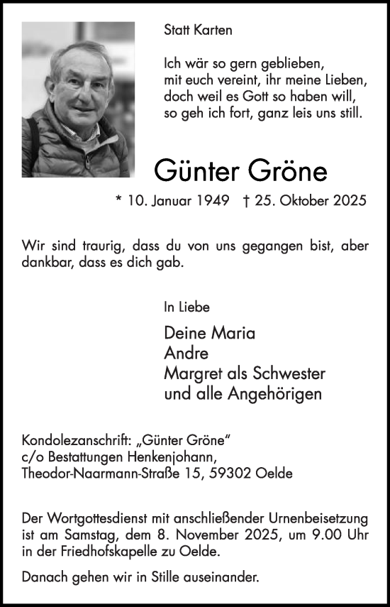 Traueranzeige von Günter Gröne von Die Glocke