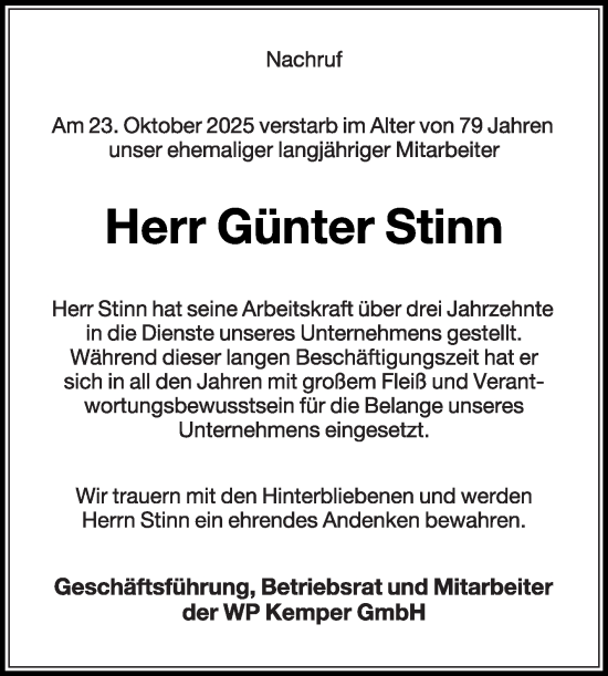 Traueranzeige von Günter Stinn von Die Glocke