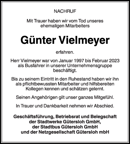 Traueranzeige von Günter Vielmeyer von Die Glocke