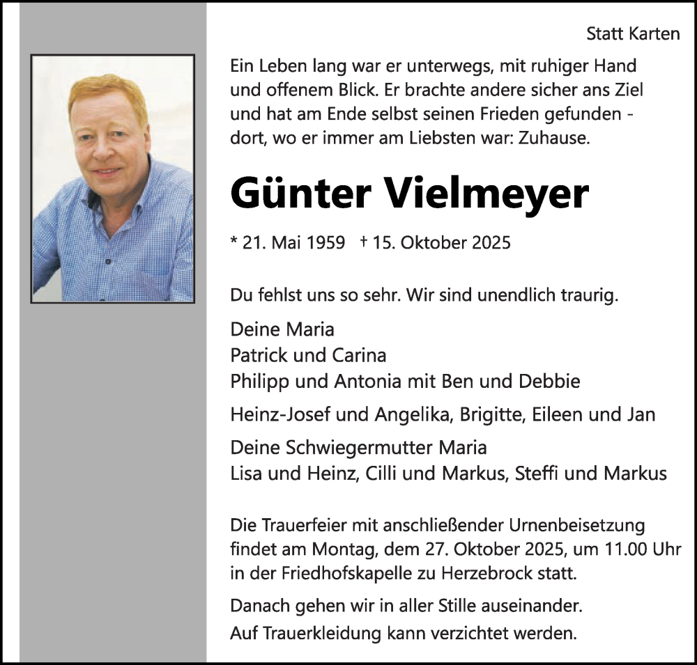  Traueranzeige für Günter Vielmeyer vom 18.10.2025 aus Die Glocke