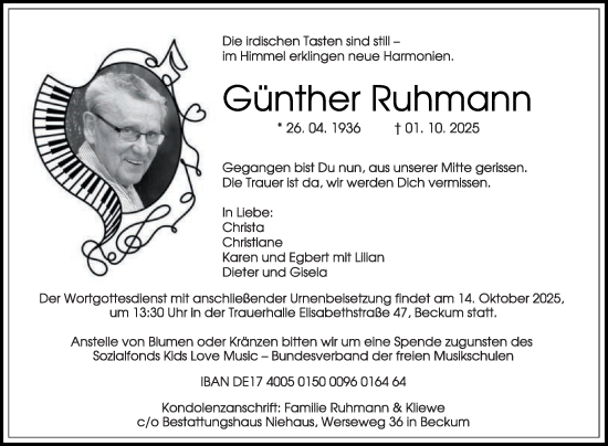 Traueranzeige von Günther Ruhmann von Die Glocke