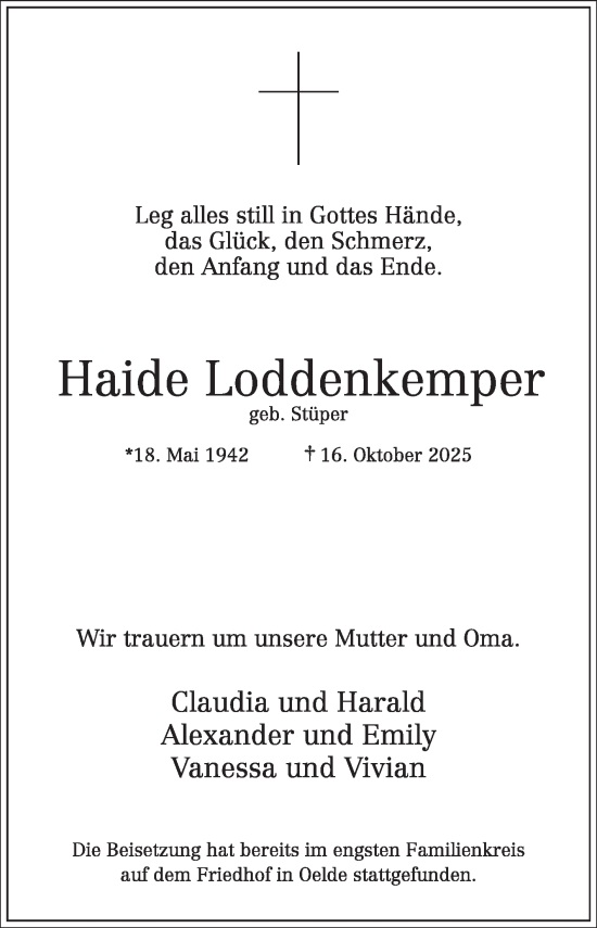 Traueranzeige von Haide Loddenkemper von Die Glocke