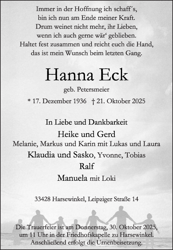 Traueranzeige von Hanna Eck von Die Glocke