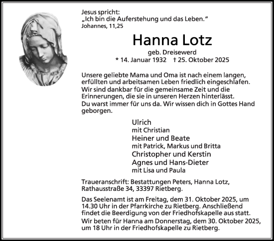 Traueranzeige von Hanna Lotz von Die Glocke
