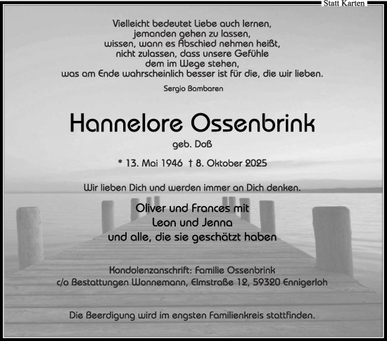 Traueranzeige von Hannelore Ossenbrink von Die Glocke