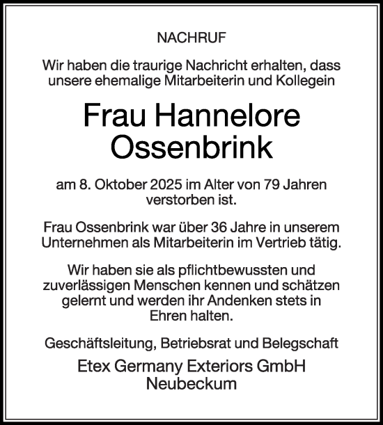 Traueranzeige von Hannelore Ossenbrink von Die Glocke