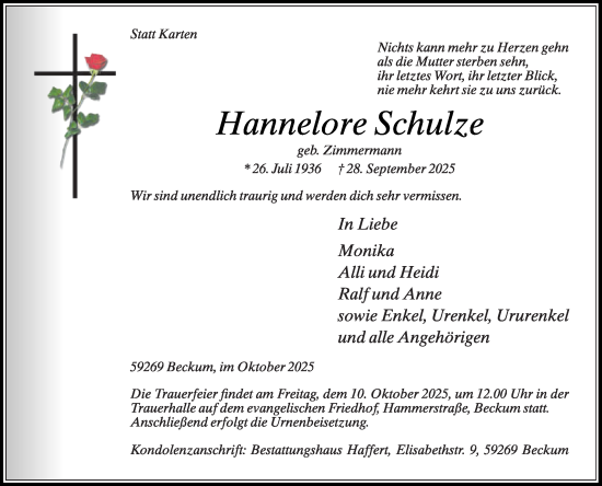 Traueranzeige von Hannelore Schulze von Die Glocke